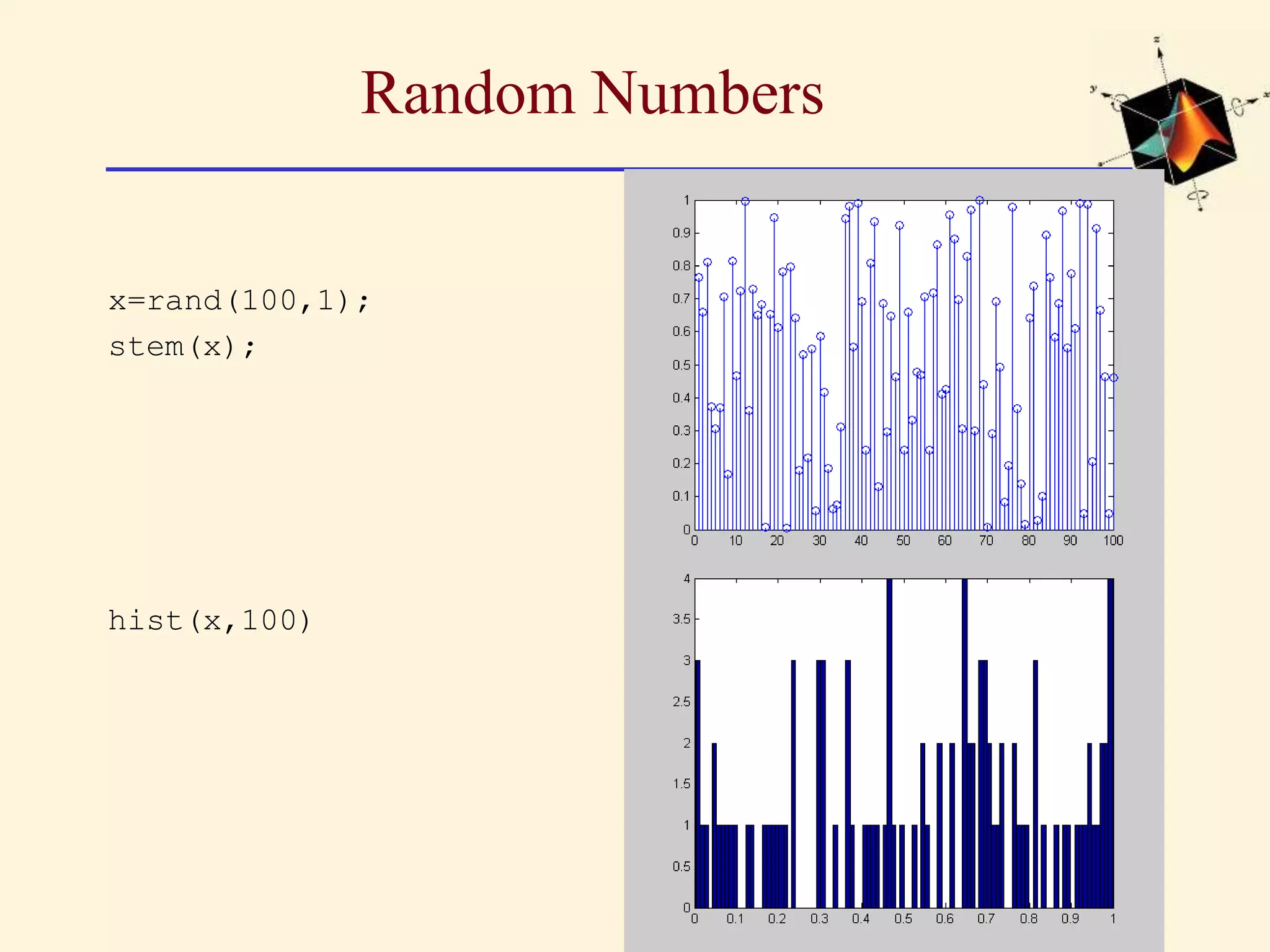 Random Numbers x=rand(100,1); stem(x); hist(x,100) 