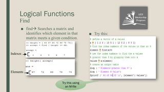 Logical Functions
Find
■ find Searches a matrix and
identifies which element in that
matrix meets a given condition.
■ Try this:
Indexes
Elements
Try this using
an M-file
 