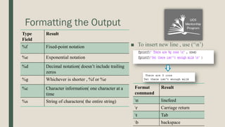 Formatting the Output
■ To insert new line , use (‘n’)
Type
Field
Result
%f Fixed-point notation
%e Exponential notation
%d Decimal notation( doesn’t include trailing
zeros
%g Whichever is shorter , %f or %e
%c Character information( one character at a
time
%s String of characters( the entire string)
Format
command
Result
n linefeed
r Carriage return
t Tab
b backspace
 