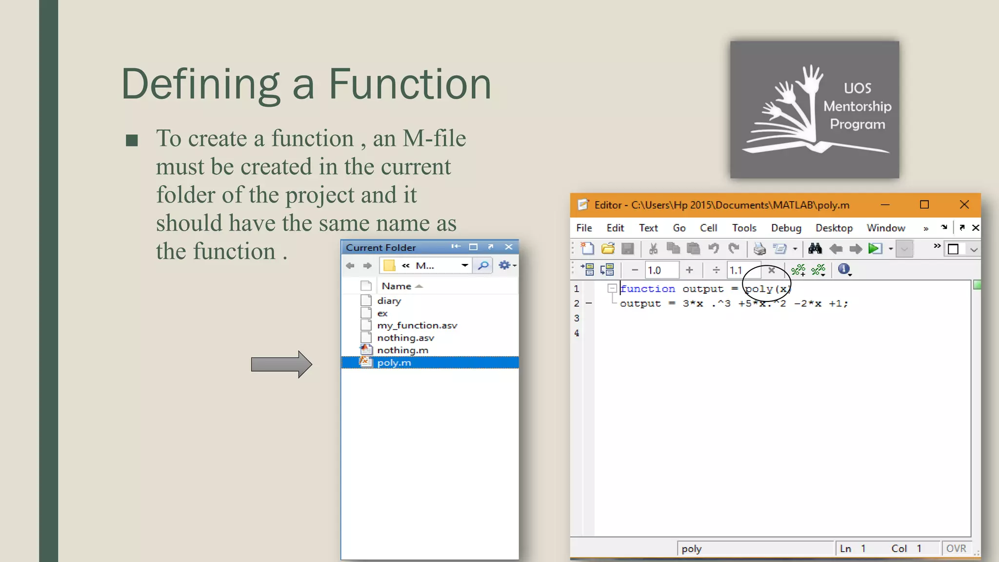 Defining a Function ■ To create a function , an M-file must be created in the current folder of the project and it should have the same name as the function . 