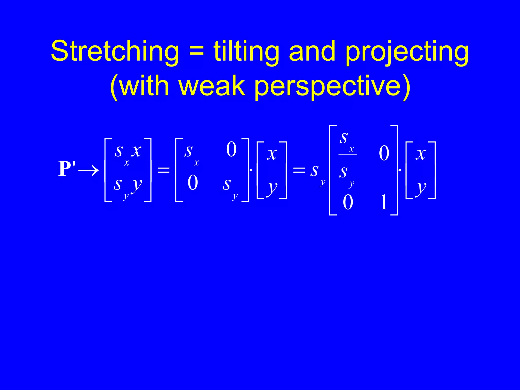 Stretching = tilting and projecting
(with weak perspective)







































y
x
s
s
s
y
x
s
s
y
s
x
s
y
x
y
y
x
y
x
1
0
0
0
0
'
P
 