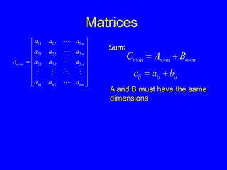 Matrices


















nm
n
n
m
m
m
m
n
a
a
a
a
a
a
a
a
a
a
a
a
A








2
1
3
32
31
2
22
21
1
12
11
m
n
m
n
m
n B
A
C 

 

Sum:
ij
ij
ij b
a
c 

A and B must have the same
dimensions
 