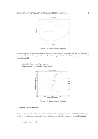 AN ´ALISIS Y CONTROL DE SISTEMAS USANDO MATLAB 7
Real Axis
ImaginaryAxis
Nyquist Diagrams
−1.5 −1 −0.5 0 0.5 1 1.5 2
−2.5
−2
−1.5
−1
−0.5
0
0.5
1
1.5
2
2.5
From: U(1)
To:Y(1)
Figura 1.6: Diagrama de Nyquist
dB (en el eje de ordenadas) frente a fase del bucle abierto en grados (en eje de abcisas), o
llamar a la funci´on sin argumento de salida. Si se quiere en forma de ´abaco, se puede usar el
comando ngrid.
nichols (num,den,w), ngrid;
[mag,phase] = nichols (num,den,w);
−360 −270 −180 −90 0
−40
−30
−20
−10
0
10
20
30
40
fase del bucle abierto (grados)
Diagrama de Nichols
6 db
3 db
1 db
0.5 db
0.25 db
0 db
−1 db
−3 db
−6 db
−12 db
−20 db
−40 db
gananciadelbucleabierto(dB)
Figura 1.7: Diagrama de Nichols
M´argenes de estabilidad
Como es bien sabido en la teor´ıa cl´asica del control, los m´argenes de estabilidad son el margen
de fase y el margen de ganancia. Estos m´argenes se calculan usando el comando margin.
margin (num,den);
 