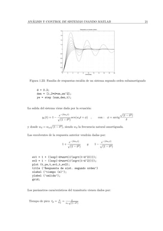 AN ´ALISIS Y CONTROL DE SISTEMAS USANDO MATLAB 21
0 2 4 6 8 10 12 14 16 18 20
0
0.2
0.4
0.6
0.8
1
1.2
1.4
1.6
1.8
Respuesta a un escalon unitario
tiempo(seg)
Figura 1.23: Familia de respuestas escal´on de un sistema segundo orden subamortiguado
d = 0.2;
den = [1,2*d*wn,wn^2];
ye = step (num,den,t);
La salida del sistema viene dada por la ecuaci´on:
ye(t) = 1 −
e−(δwnt)
(1 − δ2)
sen(wdt + φ) , con : φ = arctg
(1 − δ2)
δ
y donde wd = wn (1 − δ2), siendo wd la frecuencia natural amortiguada.
Las envolventes de la respuesta anterior vendr´an dadas por:
1 +
e−(δwnt)
(1 − δ2)
y 1 −
e−(δwnt)
(1 − δ2)
ev1 = 1 + ((exp(-d*wn*t)/(sqrt(1-d^2))));
ev2 = 1 - ((exp(-d*wn*t)/(sqrt(1-d^2))));
plot (t,ye,t,ev1,t,ev2);
title (’Respuesta de sist. segundo orden’)
xlabel (’tiempo (s)’);
ylabel (’salida’);
grid;
Los par´ametros caracter´ısticos del transitorio vienen dados por:
Tiempo de pico: tp = π
wd
= π
wn
√
(1−δ2)
 
