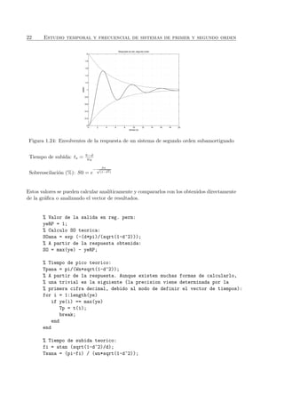 22 Estudio temporal y frecuencial de sistemas de primer y segundo orden
0 2 4 6 8 10 12 14 16 18 20
0
0.2
0.4
0.6
0.8
1
1.2
1.4
1.6
1.8
2
Respuesta de sist. segundo orden
tiempo (s)
salida
Figura 1.24: Envolventes de la respuesta de un sistema de segundo orden subamortiguado
Tiempo de subida: ts = π−φ
wd
Sobreoscilaci´on (%): S0 = e
− δπ√
(1−δ2)
Estos valores se pueden calcular anal´ıticamente y compararlos con los obtenidos directamente
de la gr´aﬁca o analizando el vector de resultados.
% Valor de la salida en reg. perm:
yeRP = 1;
% Calculo SO teorica:
SOana = exp (-(d*pi)/(sqrt(1-d^2)));
% A partir de la respuesta obtenida:
SO = max(ye) - yeRP;
% Tiempo de pico teorico:
Tpana = pi/(Wn*sqrt(1-d^2));
% A partir de la respuesta. Aunque existen muchas formas de calcularlo,
% una trivial es la siguiente (la precision viene determinada por la
% primera cifra decimal, debido al modo de definir el vector de tiempos):
for i = 1:length(ye)
if ye(i) == max(ye)
Tp = t(i);
break;
end
end
% Tiempo de subida teorico:
fi = atan (sqrt(1-d^2)/d);
Tsana = (pi-fi) / (wn*sqrt(1-d^2));
 