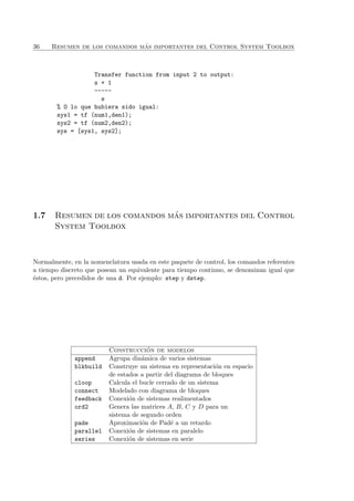 36 Resumen de los comandos m´as importantes del Control System Toolbox
Transfer function from input 2 to output:
s + 1
-----
s
% O lo que hubiera sido igual:
sys1 = tf (num1,den1);
sys2 = tf (num2,den2);
sys = [sys1, sys2];
1.7 Resumen de los comandos m´as importantes del Control
System Toolbox
Normalmente, en la nomenclatura usada en este paquete de control, los comandos referentes
a tiempo discreto que posean un equivalente para tiempo continuo, se denominan igual que
´estos, pero precedidos de una d. Por ejemplo: step y dstep.
Construcci´on de modelos
append Agrupa din´amica de varios sistemas
blkbuild Construye un sistema en representaci´on en espacio
de estados a partir del diagrama de bloques
cloop Calcula el bucle cerrado de un sistema
connect Modelado con diagrama de bloques
feedback Conexi´on de sistemas realimentados
ord2 Genera las matrices A, B, C y D para un
sistema de segundo orden
pade Aproximaci´on de Pad´e a un retardo
parallel Conexi´on de sistemas en paralelo
series Conexi´on de sistemas en serie
 