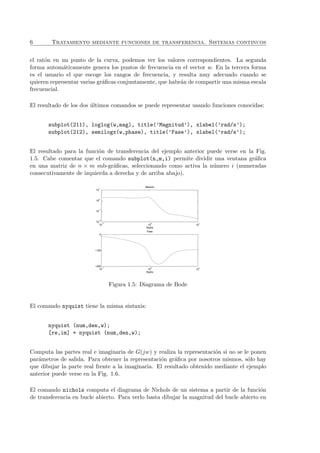 6 Tratamiento mediante funciones de transferencia. Sistemas continuos
el rat´on en un punto de la curva, podemos ver los valores correspondientes. La segunda
forma autom´aticamente genera los puntos de frecuencia en el vector w. En la tercera forma
es el usuario el que escoge los rangos de frecuencia, y resulta muy adecuado cuando se
quieren representar varias gr´aﬁcas conjuntamente, que habr´an de compartir una misma escala
frecuencial.
El resultado de los dos ´ultimos comandos se puede representar usando funciones conocidas:
subplot(211), loglog(w,mag), title(’Magnitud’), xlabel(’rad/s’);
subplot(212), semilogx(w,phase), title(’Fase’), xlabel(’rad/s’);
El resultado para la funci´on de transferencia del ejemplo anterior puede verse en la Fig.
1.5. Cabe comentar que el comando subplot(n,m,i) permite dividir una ventana gr´aﬁca
en una matriz de n × m sub-gr´aﬁcas, seleccionando como activa la n´umero i (numeradas
consecutivamente de izquierda a derecha y de arriba abajo).
10
−1
10
0
10
1
10
−2
10
−1
10
0
10
1
Modulo
Rad/s
10
−1
10
0
10
1
−200
−100
0
Fase
Rad/s
Figura 1.5: Diagrama de Bode
El comando nyquist tiene la misma sintaxis:
nyquist (num,den,w);
[re,im] = nyquist (num,den,w);
Computa las partes real e imaginaria de G(jw) y realiza la representaci´on si no se le ponen
par´ametros de salida. Para obtener la representaci´on gr´aﬁca por nosotros mismos, s´olo hay
que dibujar la parte real frente a la imaginaria. El resultado obtenido mediante el ejemplo
anterior puede verse en la Fig. 1.6.
El comando nichols computa el diagrama de Nichols de un sistema a partir de la funci´on
de transferencia en bucle abierto. Para verlo basta dibujar la magnitud del bucle abierto en
 