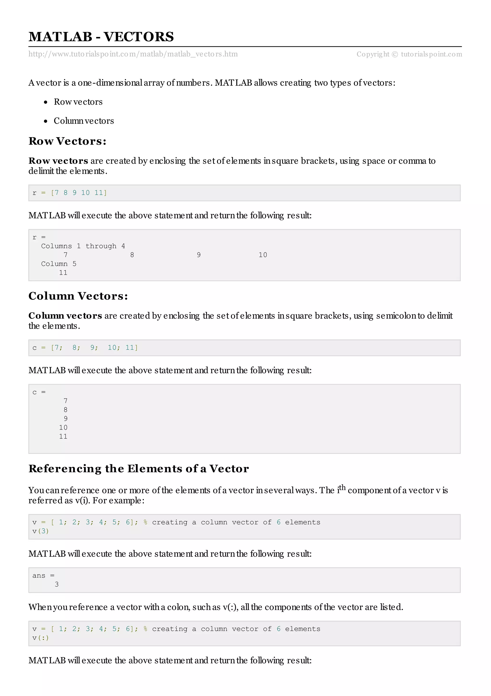 Matlab vectors | PDF