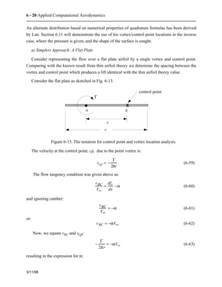 6 - 20 Applied Computational Aerodynamics 
An alternate distribution based on numerical properties of quadrature formulas has been derived 
by Lan. Section 6.11 will demonstrate the use of his vortex/control point locations in the inverse 
case, where the pressure is given, and the shape of the surface is sought. 
a) Simplest Approach: A Flat Plate 
Consider representing the flow over a flat plate airfoil by a single vortex and control point. 
Comparing with the known result from thin airfoil theory we determine the spacing between the 
vortex and control point which produces a lift identical with the thin airfoil theory value. 
Consider the flat plate as sketched in Fig. 6-13. 
3/11/98 
X 
c 
G 
a b 
control point 
r 
Figure 6-13. The notation for control point and vortex location analysis. 
The velocity at the control point, cp, due to the point vortex is: 
vcp = − 
G 
2pr 
. (6-59) 
The flow tangency condition was given above as: 
vBC 
V¥ 
= dfc 
dx 
−a (6-60) 
and ignoring camber: 
vBC 
V¥ 
= −a (6-61) 
or: 
vBC = −aV¥. (6-62) 
Now, we equate vBC and vcp: 
− 
G 
2pr 
= −aV¥ (6-63) 
resulting in the expression for a: 
 