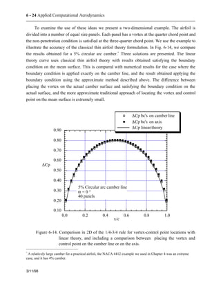 6 - 24 Applied Computational Aerodynamics 
To examine the use of these ideas we present a two-dimensional example. The airfoil is 
divided into a number of equal size panels. Each panel has a vortex at the quarter chord point and 
the non-penetration condition is satisfied at the three-quarter chord point. We use the example to 
illustrate the accuracy of the classical thin airfoil theory formulation. In Fig. 6-14, we compare 
the results obtained for a 5% circular arc camber.* Three solutions are presented. The linear 
theory curve uses classical thin airfoil theory with results obtained satisfying the boundary 
condition on the mean surface. This is compared with numerical results for the case where the 
boundary condition is applied exactly on the camber line, and the result obtained applying the 
boundary condition using the approximate method described above. The difference between 
placing the vortex on the actual camber surface and satisfying the boundary condition on the 
actual surface, and the more approximate traditional approach of locating the vortex and control 
point on the mean surface is extremely small. 
3/11/98 
0.90 
0.80 
0.70 
0.60 
0.50 
0.40 
0.30 
0.20 
0.10 
DCp 
5% Circular arc camber line 
a = 0 ° 
40 panels 
0.0 0.2 0.4 0.6 0.8 1.0 
x/c 
DCp bc's on camber line 
DCp bc's on axis 
DCp linear theory 
Figure 6-14. Comparison in 2D of the 1/4-3/4 rule for vortex-control point locations with 
linear theory, and including a comparison between placing the vortex and 
control point on the camber line or on the axis. 
* A relatively large camber for a practical airfoil, the NACA 4412 example we used in Chapter 4 was an extreme 
case, and it has 4% camber. 
 
