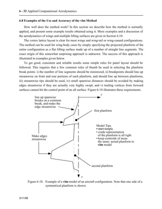 6 - 32 Applied Computational Aerodynamics 
6.8 Examples of the Use and Accuracy of the vlm Method 
How well does the method work? In this section we describe how the method is normally 
applied, and present some example results obtained using it. More examples and a discussion of 
the aerodynamics of wings and multiple lifting surfaces are given in Section 6.10. 
The vortex lattice layout is clear for most wings and wing-tail or wing-canard configurations. 
The method can be used for wing-body cases by simply specifying the projected planform of the 
entire configuration as a flat lifting surface made up of a number of straight line segments. The 
exact origin of this somewhat surprising approach is unknown. The success of this approach is 
illustrated in examples given below. 
To get good, consistent and reliable results some simple rules for panel layout should be 
followed. This requires that a few common rules of thumb be used in selecting the planform 
break points: i) the number of line segments should be minimized, ii) breakpoints should line up 
streamwise on front and rear portions of each planform, and should line up between planforms, 
iii) streamwise tips should be used, iv) small spanwise distances should be avoided by making 
edges streamwise if they are actually very highly swept, and v) trailing vortices from forward 
surfaces cannot hit the control point of an aft surface. Figure 6-18 illustrates these requirements. 
3/11/98 
Make edges 
streamwise 
y 
first planform 
second planform 
x 
line up spanwise 
breaks on a common 
break, and make the 
edge streamwise 
Model Tips 
• start simple 
• crude representation 
of the planform is all right 
• keep centroids of areas 
the same: actual planform to 
vlm model 
Figure 6-18. Example of a vlm model of an aircraft configuration. Note that one side of a 
symmetrical planform is shown. 
 