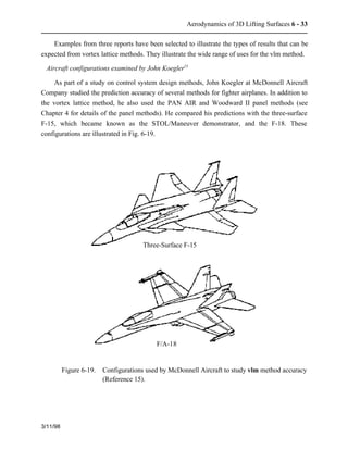 Aerodynamics of 3D Lifting Surfaces 6 - 33 
Examples from three reports have been selected to illustrate the types of results that can be 
expected from vortex lattice methods. They illustrate the wide range of uses for the vlm method. 
Aircraft configurations examined by John Koegler15 
As part of a study on control system design methods, John Koegler at McDonnell Aircraft 
Company studied the prediction accuracy of several methods for fighter airplanes. In addition to 
the vortex lattice method, he also used the PAN AIR and Woodward II panel methods (see 
Chapter 4 for details of the panel methods). He compared his predictions with the three-surface 
F-15, which became known as the STOL/Maneuver demonstrator, and the F-18. These 
configurations are illustrated in Fig. 6-19. 
3/11/98 
Three-Surface F-15 
F/A-18 
Figure 6-19. Configurations used by McDonnell Aircraft to study vlm method accuracy 
(Reference 15). 
 