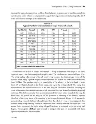 Aerodynamics of 3D Lifting Surfaces 6 - 49 
is swept forward, divergence is a problem. Small changes in sweep can be used to control the 
aerodynamic center when it is not practical to adjust the wing position on the fuselage (the DC-3 
is the most famous example of this approach). 
3/11/98 
1957 
1958 
1963 
1970 
1970 
1972 
1972 
1982 
1986 
1988 
1990 
1992 
Table 6-3 
Typical Planform Characteristics of Major Transport Aircraft 
1st Flight Aircraft W/S AR L °(c/4) l 
B707-120 105.6 7.04 35 0.293 
DC-8-10 111.9 7.32 30 0.230 
B707-320C 110.0 7.06 35 0.250 
B747-200B 149.1 6.96 37.5 0.240 
L-1011 124.4 8.16 35 0.200 
DC-10-30 153.7 7.57 35 0.230 
A300 B2 107.9 7.78 28 0.230 
A310-100 132.8 8.80 28 0.260 
B767-300 115.1 7.99 31.5 0.182 
B747-400 149.9 7.61 37.5 0.240 
MD-11 166.9 7.57 35 0.230 
A330 119.0 9.3 29.74 0.192 
data courtesy of Nathan Kirschbaum 
To understand the effects of sweep, the Warren 12 wing is compared with wings of the same 
span and aspect ratio, but unswept and swept forward. The planforms are shown in Figure 6-34. 
The wing leading edge sweep of the aft swept wing becomes the trailing edge sweep of the 
forward swept wing. Figure 6-35 provides the spanload and section lift coefficient distributions 
from VLMpc. The spanload, ccl / ca , is given in Fig. 6-35a, where, c is the local chord, cl is the 
local lift coefficient, based on the local chord, and ca is the average chord, S/b. Using this 
nomenclature, the area under the curve is the total wing lift coefficient. Note that sweeping the 
wing aft increases the spanload outboard, while sweeping the wing forward reduces the spanload 
outboard. This follows directly from a consideration of the vortex lattice model of the wing. In 
both cases, the portion of the wing aft on the planform is operating in the induced upwash 
flowfield of the wing ahead of it, resulting in an increased spanload. Figure 6-35b shows the 
corresponding value of the local lift coefficient. Here the effect of sweep is more apparent. The 
forward swept wing naturally results in a spanload with a nearly constant lift coefficient. This 
means that a comparatively higher wing lift coefficient can be achieved before the wing stall 
begins. The program LIDRAG can be used to compare the span e’s associated with these 
spanloads (an exercise for the reader). 
 