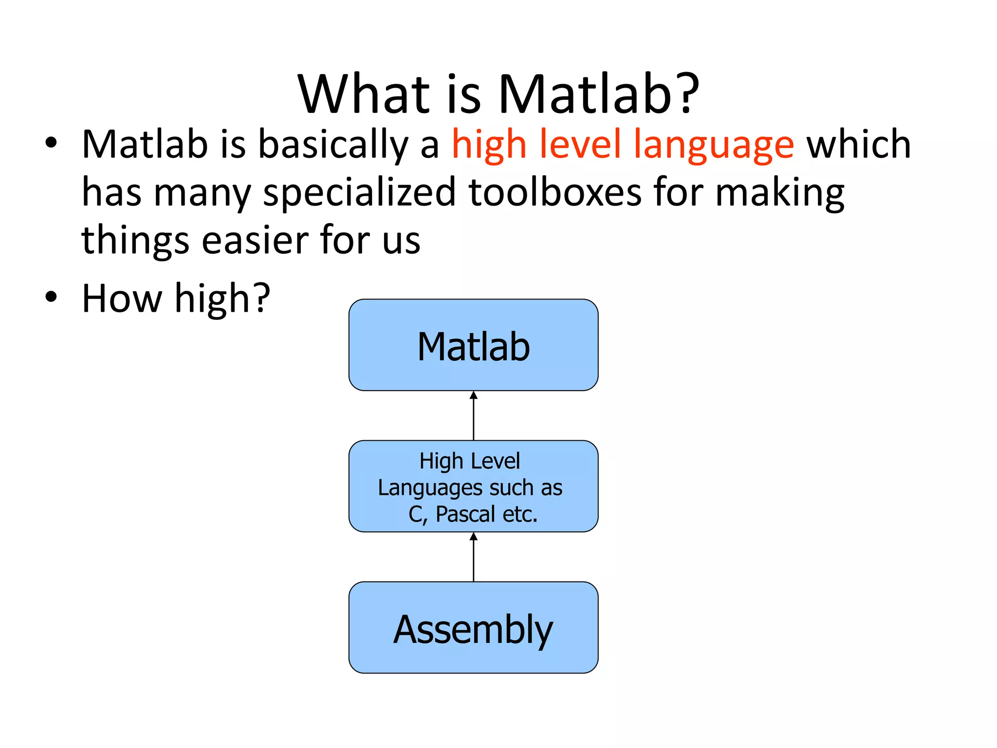 What is Matlab?
• Matlab is basically a high level language which
has many specialized toolboxes for making
things easier for us
• How high?
Assembly
High Level
Languages such as
C, Pascal etc.
Matlab
 