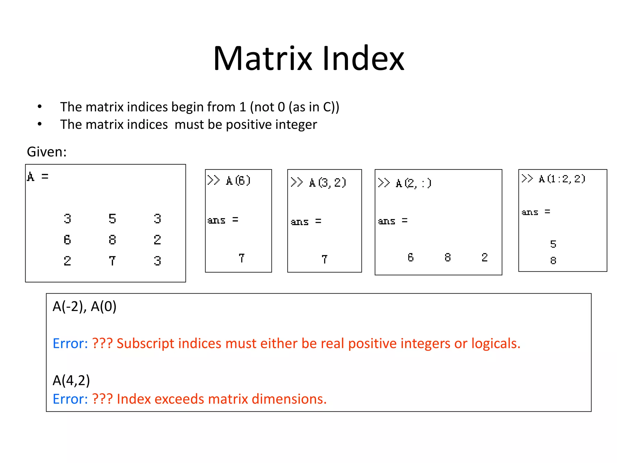 Matrix Index
• The matrix indices begin from 1 (not 0 (as in C))
• The matrix indices must be positive integer
Given:
A(-2), A(0)
Error: ??? Subscript indices must either be real positive integers or logicals.
A(4,2)
Error: ??? Index exceeds matrix dimensions.
 
