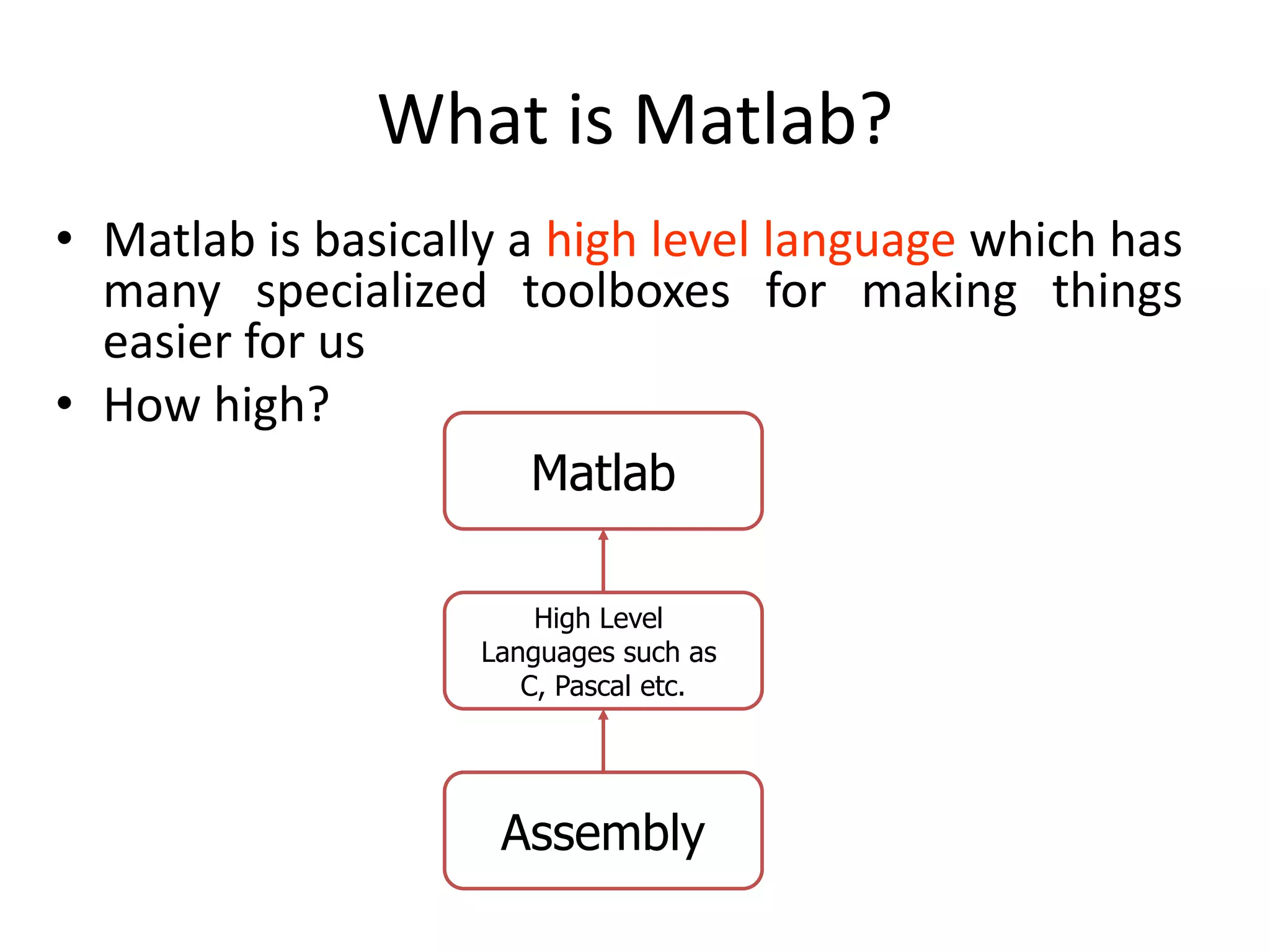 What is Matlab?
• Matlab is basically a high level language which has
many specialized toolboxes for making things
easier for us
• How high?
Assembly
High Level
Languages such as
C, Pascal etc.
Matlab
 