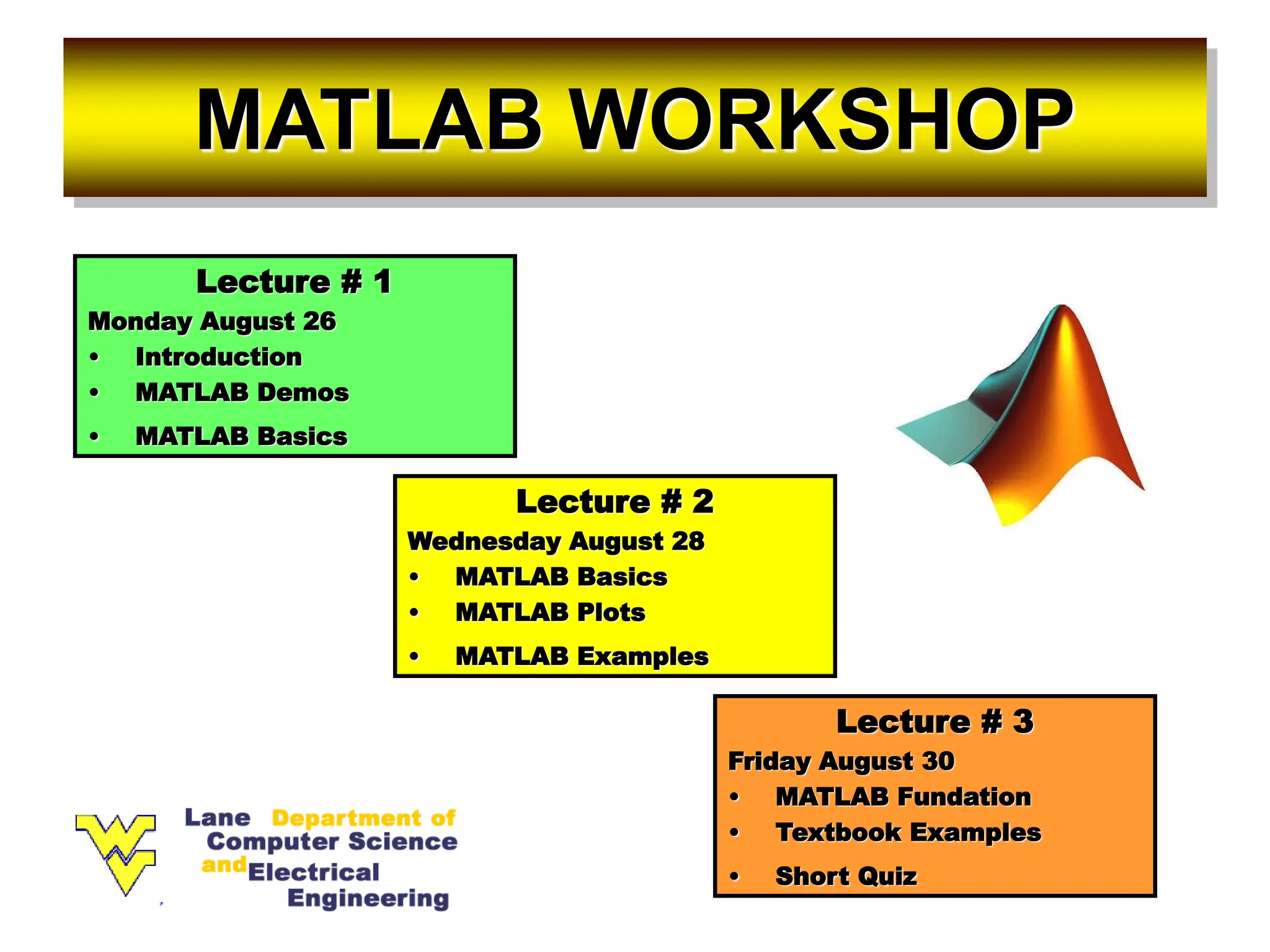 MATLAB WORKSHOP Lecture # 1 Monday August 26 • Introduction • MATLAB Demos • MATLAB Basics Lecture # 2 Wednesday August 28 • MATLAB Basics • MATLAB Plots • MATLAB Examples Lecture # 3 Friday August 30 • MATLAB Fundation • Textbook Examples • Short Quiz 