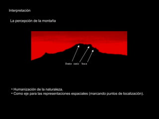 Interpretación
La percepción de la montaña
• Humanización de la naturaleza.
• Como eje para las representaciones espaciales (marcando puntos de localización).
 