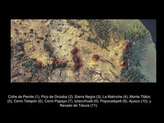 Cofre de Perote (1), Pico de Orizaba (2), Sierra Negra (3), La Malinche (4), Monte Tláloc
(5), Cerro Telapón (6), Cerro Papayo (7), Iztaccíhuatl (8), Popocatépetl (9), Ajusco (10), y
Nevado de Toluca (11).
 