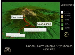 Canoa / Cerro Antonio / Ayauhcalco
enero 2009
La Malinche
HueytlaixcoTlacostepetl
Barranca del Diablo
Cuaziatonale
Ocotelulco
 