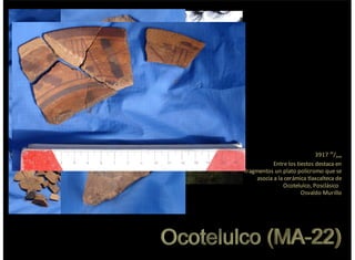 3917%m
/nm
Entre%los%tiestos%destaca%en
fragmentos%un%plato%polícromo%que%se
asocia%a%la%cerámica%tlaxcalteca%de
Ocotelulco,%Posclásico%%
Osvaldo%Murillo
 