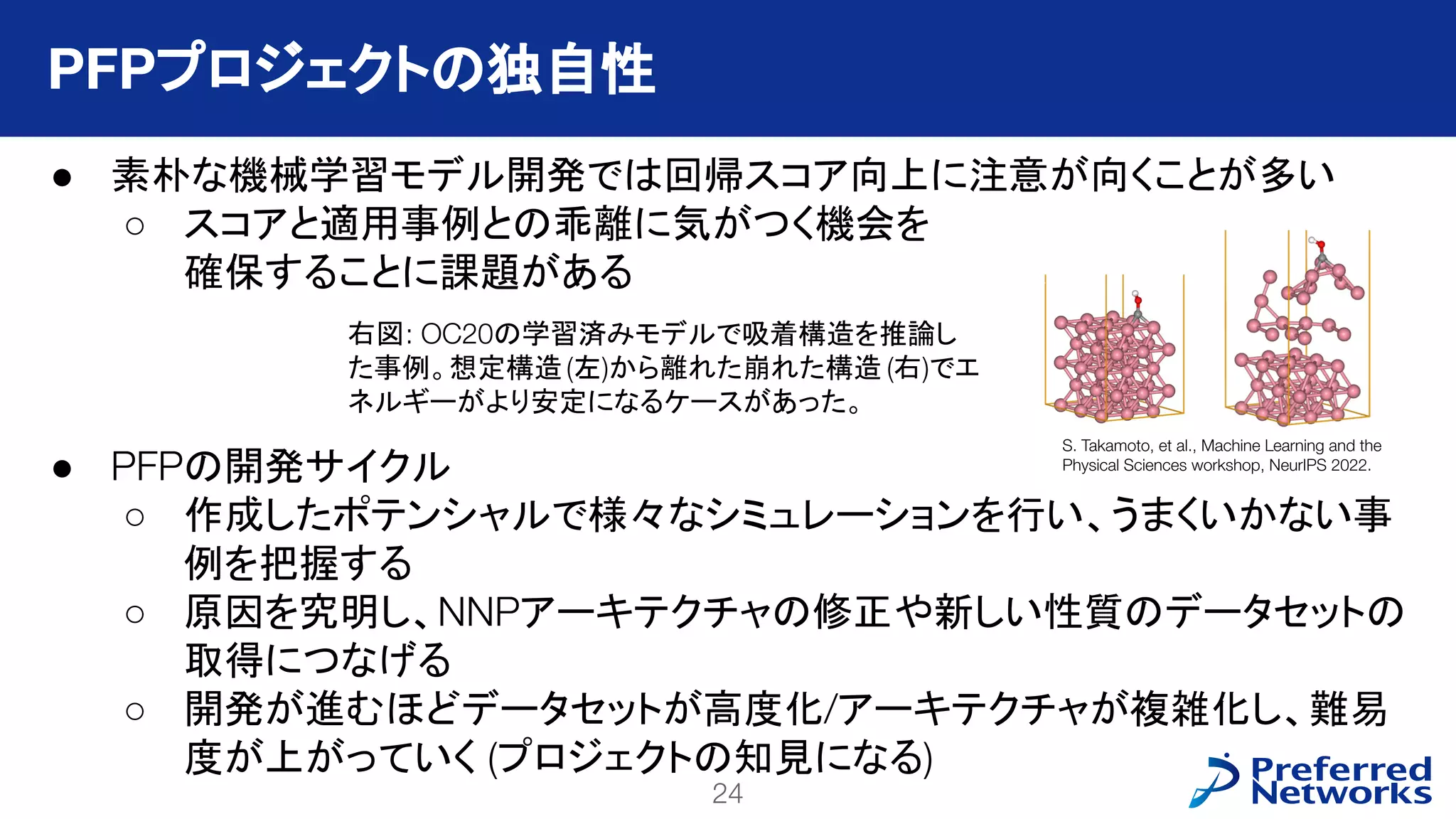 24
PFN Confidential
● 素朴な機械学習モデル開発では回帰スコア向上に注意が向くことが多い
○ スコアと適用事例との乖離に気がつく機会を
確保することに課題がある
● PFPの開発サイクル
○ 作成したポテンシャルで様々なシミュレーションを行い、うまくいかない事
例を把握する
○ 原因を究明し、NNPアーキテクチャの修正や新しい性質のデータセットの
取得につなげる
○ 開発が進むほどデータセットが高度化/アーキテクチャが複雑化し、難易
度が上がっていく (プロジェクトの知見になる)
PFPプロジェクトの独自性
右図: OC20の学習済みモデルで吸着構造を推論し
た事例。想定構造(左)から離れた崩れた構造 (右)でエ
ネルギーがより安定になるケースがあった。
S. Takamoto, et al., Machine Learning and the
Physical Sciences workshop, NeurIPS 2022.
 