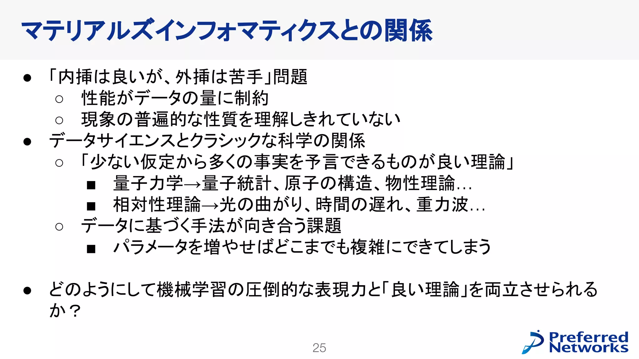 25
PFN Confidential
● 「内挿は良いが、外挿は苦手」問題
○ 性能がデータの量に制約
○ 現象の普遍的な性質を理解しきれていない
● データサイエンスとクラシックな科学の関係
○ 「少ない仮定から多くの事実を予言できるものが良い理論」
■ 量子力学→量子統計、原子の構造、物性理論…
■ 相対性理論→光の曲がり、時間の遅れ、重力波…
○ データに基づく手法が向き合う課題
■ パラメータを増やせばどこまでも複雑にできてしまう
● どのようにして機械学習の圧倒的な表現力と「良い理論」を両立させられる
か？
マテリアルズインフォマティクスとの関係
 