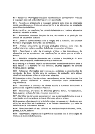 H14 - Relacionar informações veiculadas no cotidiano aos conhecimentos relativos
à linguagem corporal, atribuindo-lhes um novo significado.
H15 - Reconhecer criticamente a linguagem corporal como meio de integração
social, considerando os limites de desempenho e as alternativas de adaptação
para diferentes indivíduos.
H16 - Identificar, em manifestações culturais individuais e/ou coletivas, elementos
estéticos, históricos e sociais.
H17 - Reconhecer diferentes funções da Arte, do trabalho e da produção dos
artistas em seus meios culturais.
H18 - Utilizar os conhecimentos sobre a relação arte e realidade, para analisar
formas de organização de mundo e de identidades.
H19 - Analisar criticamente as diversas produções artísticas como meio de
explicar diferentes culturas, padrões de beleza e preconceitos artísticos.
H20 - Reconhecer o valor da diversidade artística e das inter-relações de
elementos que se apresentam nas manifestações de vários grupos sociais e
étnicos.
H21 - Identificar categorias pertinentes para a análise e interpretação do texto
literário e reconhecer os procedimentos de sua construção.
H22 - Distinguir as marcas próprias do texto literário e estabelecer relações entre o
texto literário e o momento de sua produção, situando aspectos do contexto
histórico, social e político.
H23 - Relacionar informações sobre concepções artísticas e procedimentos de
construção do texto literário com os contextos de produção, para atribuir
significados de leituras críticas em diferentes situações.
H24 - Analisar as intenções dos autores na escolha dos temas, das estruturas, dos
estilos, gêneros discursivos e recursos expressivos como procedimentos
argumentativos.
H25 - Reconhecer a presença de valores sociais e humanos atualizáveis e
permanentes no patrimônio literário nacional.
H26 - Reconhecer, em textos de diferentes gêneros, temas, macroestruturas,
tipos, suportes textuais, formas e recursos expressivos.
H27 - Identificar os elementos que concorrem para a progressão temática e para a
organização e estruturação de textos de diferentes gêneros e tipos.
H28 - Analisar a função predominante (informativa, persuasiva etc.) dos textos, em
situações específicas de interlocução, e as funções secundárias, por meio da
identificação de suas marcas textuais.
H29 - Relacionar textos ao seu contexto de produção/recepção histórico, social,
político, cultural, estético.
H30 - Reconhecer a importância do patrimônio lingüístico para a preservação da
memória e da identidade nacional.
 