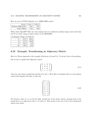 6.10. EXAMPLE: TRANSFORMING AN ADJACENCY MATRIX 161
Here we ran on CUDA backends, on a 10000x10000 matrix:
device Code 1 Code 2
GeForce 9800 GTX 3.67 3.75
Tesla C2050 3.43 3.50
What about OpenMP? Here are some timing runs on a multicore machine (many more cores than
the 16 we tried), using an input matrix of size 6000x6000:
# threads Code 1 Code 2
2 9.57 23.01
4 5.17 10.62
8 3.01 7.42
16 1.99 3.35
6.10 Example: Transforming an Adjacency Matrix
Here is a Thrust approach to the example of Sections 4.13 and 5.11. To review, here is the problem:
Say we have a graph with adjacency matrix




0 1 0 0
1 0 0 1
0 1 0 1
1 1 1 0



 (6.1)
with row and column numbering starting at 0, not 1. We’d like to transform this to a two-column
matrix that displays the links, in this case












0 1
1 0
1 3
2 1
2 3
3 0
3 1
3 2












(6.2)
For instance, there is a 1 on the far right, second row of the above matrix, meaning that in the
graph there is an edge from vertex 1 to vertex 3. This results in the row (1,3) in the transformed
matrix seen above.
 