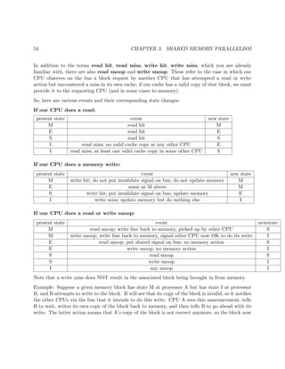 54 CHAPTER 3. SHARED MEMORY PARALLELISM
In addition to the terms read hit, read miss, write hit, write miss, which you are already
familiar with, there are also read snoop and write snoop. These refer to the case in which our
CPU observes on the bus a block request by another CPU that has attempted a read or write
action but encountered a miss in its own cache; if our cache has a valid copy of that block, we must
provide it to the requesting CPU (and in some cases to memory).
So, here are various events and their corresponding state changes:
If our CPU does a read:
present state event new state
M read hit M
E read hit E
S read hit S
I read miss; no valid cache copy at any other CPU E
I read miss; at least one valid cache copy in some other CPU S
If our CPU does a memory write:
present state event new state
M write hit; do not put invalidate signal on bus; do not update memory M
E same as M above M
S write hit; put invalidate signal on bus; update memory E
I write miss; update memory but do nothing else I
If our CPU does a read or write snoop:
present state event newstate
M read snoop; write line back to memory, picked up by other CPU S
M write snoop; write line back to memory, signal other CPU now OK to do its write I
E read snoop; put shared signal on bus; no memory action S
E write snoop; no memory action I
S read snoop S
S write snoop I
I any snoop I
Note that a write miss does NOT result in the associated block being brought in from memory.
Example: Suppose a given memory block has state M at processor A but has state I at processor
B, and B attempts to write to the block. B will see that its copy of the block is invalid, so it notiﬁes
the other CPUs via the bus that it intends to do this write. CPU A sees this announcement, tells
B to wait, writes its own copy of the block back to memory, and then tells B to go ahead with its
write. The latter action means that A’s copy of the block is not correct anymore, so the block now
 