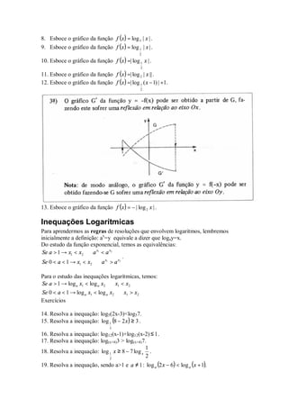 8. Esboce o gráfico da função f ( x ) = log 3 | x | .
9. Esboce o gráfico da função f ( x ) = log 1 | x | .
                                                2

10. Esboce o gráfico da função f ( x ) =| log 1 x | .
                                                2

11. Esboce o gráfico da função f ( x ) =| log 2 | x || .
12. Esboce o gráfico da função f ( x ) =| log 1 ( x − 1) | +1.
                                                2




13. Esboce o gráfico da função f ( x ) = − | log 2 x | .

Inequações Logarítmicas
Para aprendermos as regras de resoluções que envolvem logaritmos, lembremos
inicialmente a definição: ax=y equivale a dizer que logay=x.
Do estudo da função exponencial, temos as equivalências:
 Se a > 1 → x1 < x2 ⇔ a x1 < a x2
                                      .
 Se 0 < a < 1 → x1 < x2 ⇔ a x1 > a x2

Para o estudo das inequações logarítmicas, temos:
Se a > 1 → log a x1 < log a x2 ⇔ x1 < x2
Se 0 < a < 1 → log a x1 < log a x2 ⇔ x1 > x2
Exercícios

14. Resolva a inequação: log5(2x-3)<log57.
15. Resolva a inequação: log 1 (8 − 2 x ) ≥ 3 .
                                 3
16. Resolva a inequação: log12(x-1)+log12(x-2) ≤ 1 .
17. Resolva a inequação: log(x+4)3 > log(x+4)7.
                                              1
18. Resolva a inequação: log 1 x ≥ 8 − 7 log x .
                             2
                                              2
19. Resolva a inequação, sendo a>1 e a ≠ 1 : log a (2 x − 6) < log a ( x + 1).
 