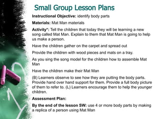 Small Group Lesson Plans
Instructional Objective: identify body parts
Materials: Mat Man materials
Activity*: Tell the children that today they will be learning a new
song called Mat Man. Explain to them that Mat Man is going to help
us make a person.
Have the children gather on the carpet and spread out
Provide the children with wood pieces and mats on a tray.
As you sing the song model for the children how to assemble Mat
Man
Have the children make their Mat Man
(B) Learners observe to see how they are putting the body parts.
Provide hand over hand support for them. Provide a full body picture
of them to refer to. (L) Learners encourage them to help the younger
children.
Assessment Plan:
By the end of the lesson SW: use 4 or more body parts by making
a replica of a person using Mat Man
 