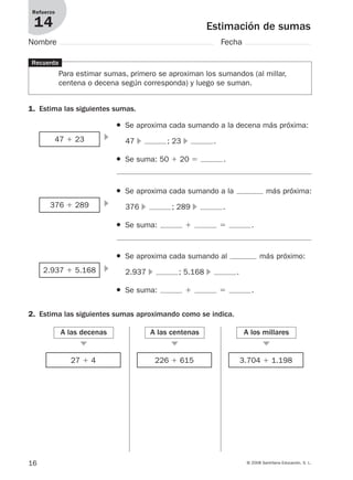 16 © 2008 Santillana Educación, S. L.
Estimación de sumas
Refuerzo
14
Nombre Fecha
1. Estima las siguientes sumas.
Recuerda
Para estimar sumas, primero se aproximan los sumandos (al millar,
centena o decena según corresponda) y luego se suman.
2. Estima las siguientes sumas aproximando como se indica.
47 ϩ 23 ᭤
● Se aproxima cada sumando a la decena más próxima:
47 ᭤ ; 23 ᭤ .
● Se suma: 50 ϩ 20 ϭ .
376 ϩ 289 ᭤
● Se aproxima cada sumando a la más próxima:
376 ᭤ ; 289 ᭤ .
● Se suma: ϩ ϭ .
2.937 ϩ 5.168 ᭤
● Se aproxima cada sumando al más próximo:
2.937 ᭤ ; 5.168 ᭤ .
● Se suma: ϩ ϭ .
A las decenas
᭤
27 ϩ 4
A las centenas
᭤
226 ϩ 615
A los millares
᭤
3.704 ϩ 1.198
912682 _ 0001-0072.qxd 30/1/08 10:56 Página 16
 
