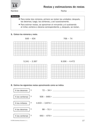 17© 2008 Santillana Educación, S. L.
Restas y estimaciones de restas
Refuerzo
15
Nombre Fecha
Recuerda
● Para restar dos números, primero se restan las unidades; después,
las decenas; luego, las centenas, y así sucesivamente.
● Para estimar restas, se aproximan el minuendo y el sustraendo
al millar, centena o decena correspondiente, y, después, se restan.
1. Coloca los números y resta.
649 Ϫ 434 768 Ϫ 74
5.241 Ϫ 2.367 8.306 Ϫ 4.472
A las decenas ᭤ 72 Ϫ 34 ᭤
2. Estima las siguientes restas aproximando como se indica.
A las centenas ᭤ 936 Ϫ 848 ᭤
A los millares ᭤ 4.633 Ϫ 3.874 ᭤
A las decenas ᭤ 88 Ϫ 51 ᭤
A las centenas ᭤ 693 Ϫ 479 ᭤
912682 _ 0001-0072.qxd 30/1/08 10:56 Página 17
 