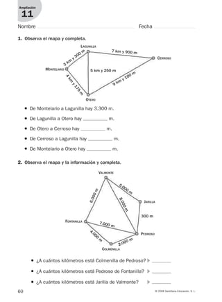 JARILLA
VALMONTE
FONTANILLA
COLMENILLA
PEDROSO
4.000
m
7.000 m
2.000 m
8.000m
6.000m
5.000
m
300 m
60 © 2008 Santillana Educación, S. L.
Ampliación
11
Nombre Fecha
1. Observa el mapa y completa.
● De Montelario a Lagunilla hay 3.300 m.
● De Lagunilla a Otero hay m.
● De Otero a Cerroso hay m.
● De Cerroso a Lagunilla hay m.
● De Montelario a Otero hay m.
2. Observa el mapa y la información y completa.
● ¿A cuántos kilómetros está Colmenilla de Pedroso? ᭤
● ¿A cuántos kilómetros está Pedroso de Fontanilla? ᭤
● ¿A cuántos kilómetros está Jarilla de Valmonte? ᭤
LAGUNILLA
MONTELARIO
OTERO
CERROSO
9 km
y 100 m
5 km y 250 m
7 km y 900 m
3
km
y 300
m
4
km
y175
m
912682 _ 0001-0072.qxd 30/1/08 10:57 Página 60
 