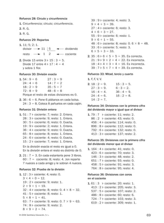 69© 2008 Santillana Educación, S. L.
Refuerzo 28: Círculo y circunferencia
1. Circunferencia; círculo; circunferencia.
2. R. G.
3. R. G.
Refuerzo 29: Repartos
1. 11; 5; 2; 1.
divisor dividendo
resto cociente
2. Divide 15 entre 3 ᭤ 15 : 3 ϭ 5.
Divide 17 entre 4 ᭤ 17 : 4 ϭ 4
y sobra 1 flor.
Refuerzo 30: División exacta
1. 54 : 9 ϭ 6 27 : 3 ϭ 9
24 : 4 ϭ 6 14 : 7 ϭ 2
18 : 2 ϭ 9 35 : 5 ϭ 7
72 : 8 ϭ 9 48 : 6 ϭ 8
Porque el resto de estas divisiones es 0.
2. 36 : 6 ϭ 6. Pone 6 plátanos en cada bolsa.
24 : 3 ϭ 8. Coloca 8 pañuelos en cada cajón.
Refuerzo 31: División entera
1. 51 : 7 ᭤ cociente: 7; resto: 2. Entera.
28 : 3 ᭤ cociente: 9; resto: 1. Entera.
30 : 5 ᭤ cociente: 6; resto: 0. Exacta.
19 : 9 ᭤ cociente: 2; resto: 1. Entera.
36 : 4 ᭤ cociente: 9; resto: 0. Exacta.
65 : 8 ᭤ cociente: 8; resto: 1. Entera.
24 : 6 ᭤ cociente: 4; resto: 0. Exacta.
15 : 2 ᭤ cociente: 7; resto: 1. Entera.
En la división exacta el resto es igual a 0.
En la división entera el resto es distinto de 0.
2. 21 : 7 ϭ 3. En cada estantería pone 3 libros.
60 : 7 ϭ cociente: 8; resto: 4. Jon reparte
7 nueces a cada amigo y le sobran 4 nueces.
Refuerzo 32: Prueba de la división
1. 12 : 3 ᭤ cociente: 4; resto: 0.
3 ϫ 4 ϩ 0 ϭ 12.
19 : 2 ᭤ cociente: 9; resto: 1.
2 ϫ 9 ϩ 1 ϭ 19.
32 : 4 ᭤ cociente: 8; resto: 0. 4 ϫ 8 ϭ 32.
41 : 5 ᭤ cociente: 8; resto: 1.
5 ϫ 8 ϩ 1 ϭ 41.
63 : 7 ᭤ cociente: 9; resto: 0. 7 ϫ 9 ϭ 63.
74 : 8 ᭤ cociente: 9; resto: 2.
8 ϫ 9 ϩ 2 ϭ 74.
39 : 9 ᭤ cociente: 4; resto: 3.
9 ϫ 4 ϩ 3 ϭ 39.
27 : 4 ᭤ cociente: 6; resto: 3.
4 ϫ 6 ϩ 3 ϭ 27.
55 : 9 ᭤ cociente: 6; resto: 1.
9 ϫ 6 ϩ 1 ϭ 55.
48 : 6 ᭤ cociente: 8; resto: 0. 6 ϫ 8 ϭ 48.
33 : 6 ᭤ cociente: 5; resto: 3.
6 ϫ 5 ϩ 3 ϭ 33.
2. 35 : 6 ᭤ 6 ϫ 5 ϩ 5 ϭ 35. Es correcta.
21 : 9 ᭤ 9 ϫ 2 ϩ 4 ϭ 22. Es incorrecta.
18 : 4 ᭤ 4 ϫ 3 ϩ 4 ϭ 16. Es incorrecta.
39 : 7 ᭤ 5 ϫ 7 ϩ 4 ϭ 39. Es correcta.
Refuerzo 33: Mitad, tercio y cuarto
1. F, F, V, V.
2. 18 : 2 ϭ 9. 15 : 3 ϭ 5.
27 : 3 ϭ 9. 6 : 3 ϭ 2.
16 : 4 ϭ 4. 36 : 4 ϭ 9.
24 : 4 ϭ 6. 16 : 2 ϭ 8.
14 : 2 ϭ 7.
Refuerzo 34: Divisiones con la primera cifra
del dividendo mayor o igual que el divisor
1. 79 : 7 ᭤ cociente: 11; resto: 2.
86 : 2 ᭤ cociente: 43; resto: 0.
456 : 4 ᭤ cociente: 114; resto: 0.
896 : 8 ᭤ cociente: 112; resto: 0.
792 : 6 ᭤ cociente: 132; resto: 0.
413 : 3 ᭤ cociente: 137; resto: 2.
Refuerzo 35: Divisiones con la primera cifra
del dividendo menor que el divisor
1. 164 : 4 ᭤ cociente: 41; resto: 0.
423 : 6 ᭤ cociente: 70; resto: 3.
146 : 3 ᭤ cociente: 48; resto: 2.
651 : 7 ᭤ cociente: 93; resto: 0.
458 : 5 ᭤ cociente: 91; resto: 3.
764 : 8 ᭤ cociente: 95; resto: 4.
Refuerzo 36: Divisiones con ceros
en el cociente
1. 61 : 3 ᭤ cociente: 20; resto: 1.
413 : 2 ᭤ cociente: 205; resto: 3.
537 : 5 ᭤ cociente: 107; resto: 2.
486 : 8 ᭤ cociente: 60; resto: 6.
724 : 7 ᭤ cociente: 103; resto: 3.
619 : 2 ᭤ cociente: 309; resto: 1.
511
21
912682 _ 0001-0072.qxd 13/2/08 12:18 Página 69
 