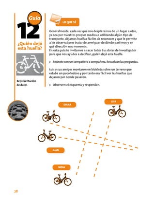 Guía

                  Generalmente, cada vez que nos desplazamos de un lugar a otro,
                  ya sea por nuestros propios medios o utilizando algún tipo de
                  transporte, déjamos huellas fáciles de reconocer y que le permite
 ¿Quién dejó      a los observadores tratar de averiguar de dónde partimos y en
                  qué dirección nos movemos.
 esta huella?     En esta guía te invitamos a sacar todos tus dotes de investigador
                  para que nos ayudes a decifrar ¿quién dejó esta huella

                  >> Reúnete con un compañero o compañera. Resuelvan las preguntas.

                  Luis y sus amigos montaron en bicicleta sobre un terreno que
                  estaba un poco lodoso y por tanto era fácil ver las huellas que
                  dejaron por donde pasaron.
 Representación
 de datos         >> Observen el esquema y respondan.	




                                                                 LUIS
                            Diana




                    JUAN




                        NIDIA




78
 