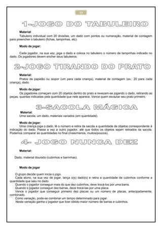 13
Material:
Tabuleiro individual com 20 divisões, um dado com pontos ou numeração, material de contagem
para preencher o tabuleiro (fichas, tampinhas, etc).
Modo de jogar:
Cada jogador, na sua vez, joga o dado e coloca no tabuleiro o número de tampinhas indicado no
dado. Os jogadores devem encher seus tabuleiros.
Material:
Pratos de papelão ou isopor (um para cada criança), material de contagem (ex.: 20 para cada
criança), dado.
Modo de jogar:
Os jogadores começam com 20 objetos dentro do prato e revezam-se jogando o dado, retirando as
peças, quantas indicadas pela quantidade que nele aparece. Vence quem esvaziar seu prato primeiro.
Material:
Uma sacola, um dado, materiais variados (em quantidade).
Modo de jogar:
Uma criança joga o dado, lê o número e retira da sacola a quantidade de objetos correspondente à
indicação do dado. Passa a vez a outro jogador, até que todos os objetos sejam retirados da sacola.
Podemos comparar as quantidades no final (mais/menos, muitos/poucos).
Material:
Dado, material dourado (cubinhos e barrinhas).
Modo de jogar
O grupo decide quem inicia o jogo.
Cada aluno, na sua vez de jogar, lança o(s) dado(s) e retira a quantidade de cubinhos conforme a
quantidade que saiu no dado.
Quando o jogador conseguir mais do que dez cubinhos, deve trocá-los por uma barra.
Quando o jogador conseguir dez barras, deve trocá-las por uma placa.
Vence o jogador que conseguir primeiro dez placas ou um número de placas, antecipadamente,
combinado.
Como variação, pode-se combinar um tempo determinado para jogar.
Nesta variação ganha o jogador que tiver obtido maior número de barras e cubinhos.
 