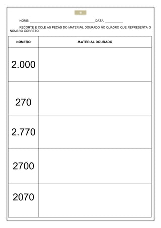 9
NOME: _______________________________________ DATA: ___________
RECORTE E COLE AS PEÇAS DO MATERIAL DOURADO NO QUADRO QUE REPRESENTA O
NÚMERO CORRETO.
NÚMERO MATERIAL DOURADO
2.000
270
2.770
2700
2070
 