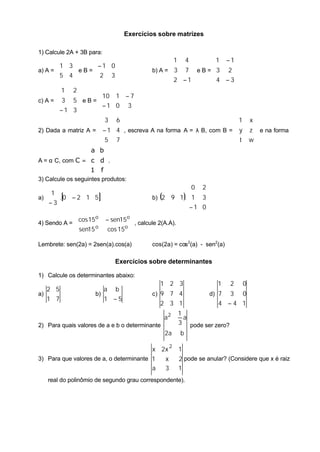 Exercícios sobre matrizes

1) Calcule 2A + 3B para:
                                                    1 4               1 − 1 
       1 3           − 1 0                                              
a) A = 
       5 4  e B =
                     
                       2 3                b) A =  3 7  e B =       3 2 
                                                2 − 1              4 − 3
                                                                            
        1 2
                        10 1 − 7 
c) A =  3 5  e B =     
                         −1 0 3   
        − 1 3                    
             
                      3 6                                          1 x 
                                                                        
2) Dada a matriz A =  − 1 4  , escreva A na forma A = λ B, com B =  y z  e na forma
                      5 7                                           t w
                                                                        
                 a b
                       
A = α C, com C =  c d  .
                 1 f 
                       
3) Calcule os seguintes produtos:
                                                         0 2
   1                                                        
a)  .[0 − 2 1 5]                           b) (2 9 1). 1 3 
   − 3                                                − 1 0 
                                                              
              cos 15o
                           − sen15o 
4) Sendo A =                        , calcule 2(A.A).
              sen15 o      cos 15o 
                                   

Lembrete: sen(2a) = 2sen(a).cos(a)           cos(2a) = cos 2(a) - sen2(a)

                              Exercícios sobre determinantes

1) Calcule os determinantes abaixo:
                                                 1 2 3                    1    2   0
   2 5                     a b
a)                      b)                   c) 9  7 4                 d) 7 3 0
   1 7                     1 −5
                                                 2 3 1                    4 −4 1
                                                 1
                                                   aa2
2) Para quais valores de a e b o determinante    3 pode ser zero?
                                              2a b
                                                        2
                                             x 2x           1
3) Para que valores de a, o determinante 1          x       2 pode se anular? (Considere que x é raiz
                                             a      3       1
   real do polinômio de segundo grau correspondente).
 