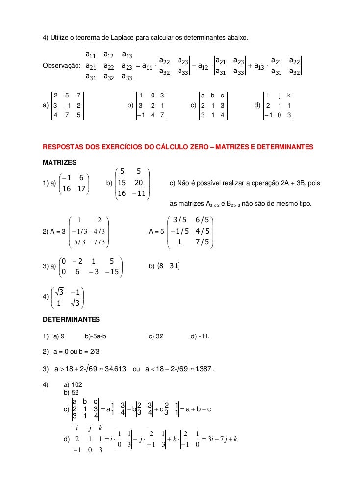 Lista De Exercícios Sobre Matrizes E Determinantes