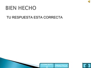 TU RESPUESTA ESTA CORRECTA
PRACTICA
CONCEPT
O
 