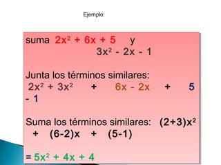 suma  2x2
+ 6x + 5     y  
  3x2
- 2x - 1
Junta los términos similares:
2x2
+ 3x2
    +     6x - 2x    +     5
- 1
Suma los términos similares: (2+3)x2
  +   (6-2)x   +   (5-1)
= 5x2
+ 4x + 4
suma  2x2
+ 6x + 5     y  
  3x2
- 2x - 1
Junta los términos similares:
2x2
+ 3x2
    +     6x - 2x    +     5
- 1
Suma los términos similares: (2+3)x2
  +   (6-2)x   +   (5-1)
= 5x2
+ 4x + 4
Ejemplo:
 