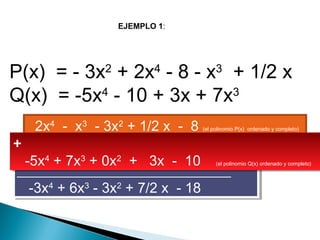 EJEMPLO 1:
P(x) = - 3x2
+ 2x4
- 8 - x3
+ 1/2 x
Q(x) = -5x4
- 10 + 3x + 7x3
  2x4
  -  x3
  - 3x2
+ 1/2 x  -  8 (el polinomio P(x) ordenado y completo)
______________________________
   -3x4
+ 6x3
- 3x2
+ 7/2 x  - 18
______________________________
   -3x4
+ 6x3
- 3x2
+ 7/2 x  - 18
+
   -5x4
+ 7x3
+ 0x2
  +   3x  -  10      (el polinomio Q(x) ordenado y completo)
+
   -5x4
+ 7x3
+ 0x2
  +   3x  -  10      (el polinomio Q(x) ordenado y completo)
 
