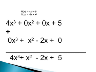M(x) = 4x3
+ 5
N(x) = -2x + x2
4x3
+ 0x2
+ 0x + 5
+
0x3
+ x2
- 2x + 0
____________________
4x3
+ x2
- 2x + 5
 
