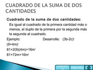 Cuadrado de la suma de dos cantidades:
Es igual al cuadrado de la primera cantidad más o
menos, el duplo de la primera por la segunda más
la segunda al cuadrado.
Ejemplo: Desarrolle: (3b-2c)2
(9+4m)2
81+2(9)(4m)+16m2
81+72m+16m2
PRACTICA
CONCEPT
O
 
