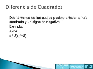 Dos términos de los cuales posible extraer la raíz
cuadrada y un signo es negativo.
Ejemplo:
A4
-64
(a2
-8)(a2
+8)
PRACTICA
CONCEPT
O
 