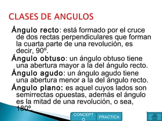 Ángulo recto: está formado por el cruce
de dos rectas perpendiculares que forman
la cuarta parte de una revolución, es
decir, 90º.
Ángulo obtuso: un ángulo obtuso tiene
una abertura mayor a la del ángulo recto.
Ángulo agudo: un ángulo agudo tiene
una abertura menor a la del ángulo recto.
Ángulo plano: es aquel cuyos lados son
semirrectas opuestas, además el ángulo
es la mitad de una revolución, o sea,
180º.
PRACTICA
CONCEPT
O
 