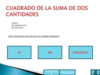 CONCEPTONOSI
ESTE EJERCICIO ESTA RESUELTO CORRECTAMENTE
PRACTICA
CONCEPT
O
(9+4m)2
81+2(9)(4m)+16m2
81+72m+16m2
 