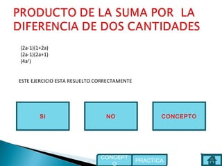 NOSI
ESTE EJERCICIO ESTA RESUELTO CORRECTAMENTE
CONCEPTO
PRACTICA
CONCEPT
O
(2a-1)(1+2a)
(2a-1)(2a+1)
(4a2
)
 